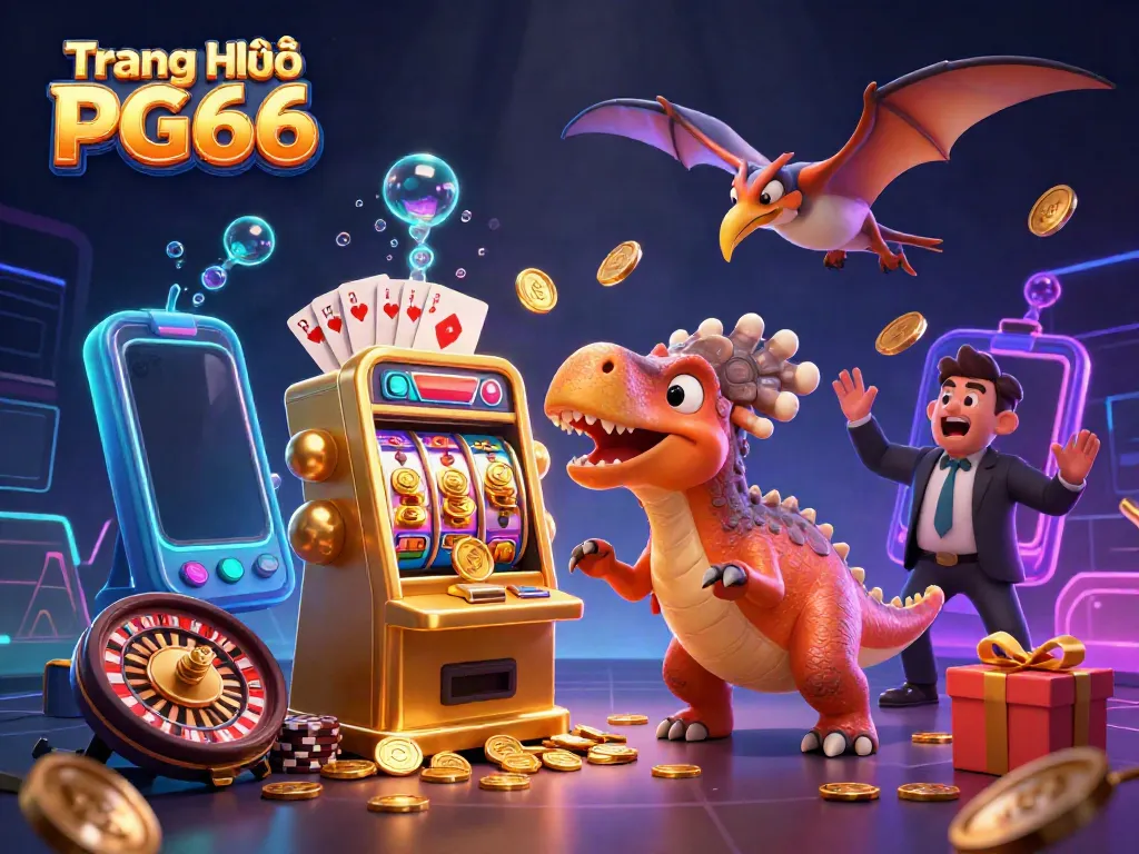 Headbutting pachycephalosaurus triggering jackpot at Trang Chủ PG66 with coins raining down.