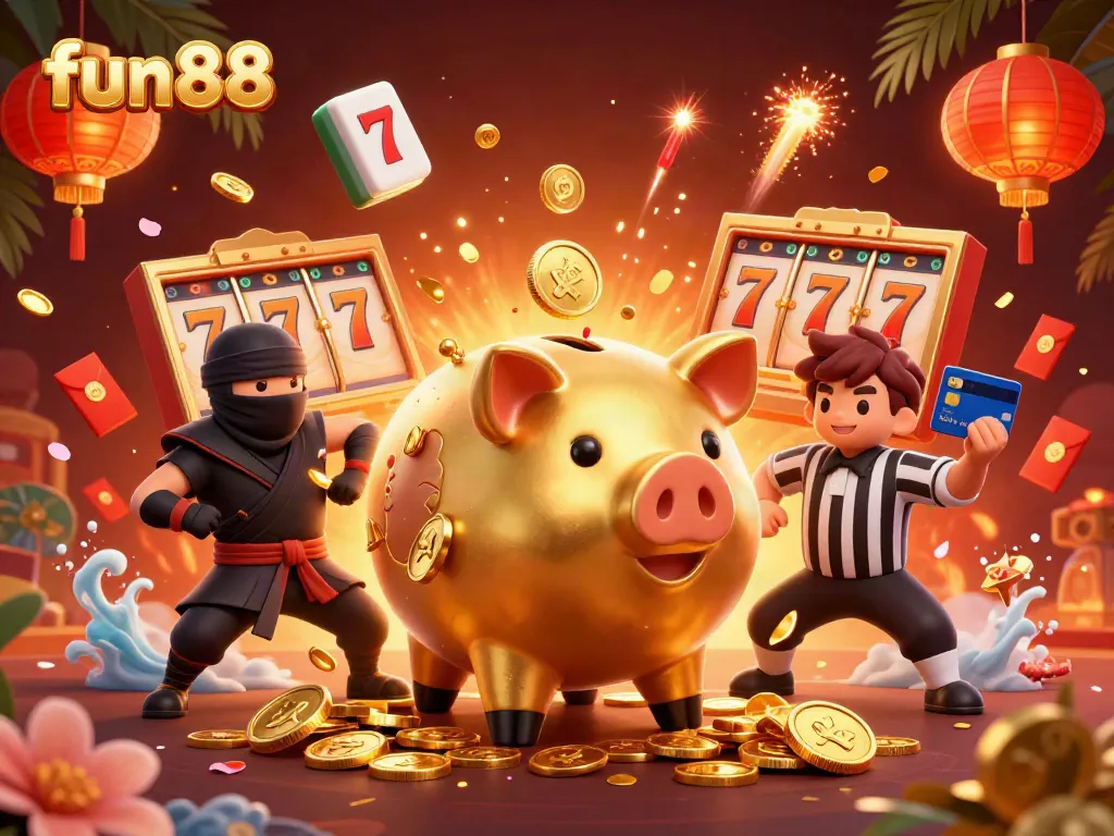 Experience the thrill of fun88 with a vibrant casino scene featuring a golden piggy bank sumo wrestler.