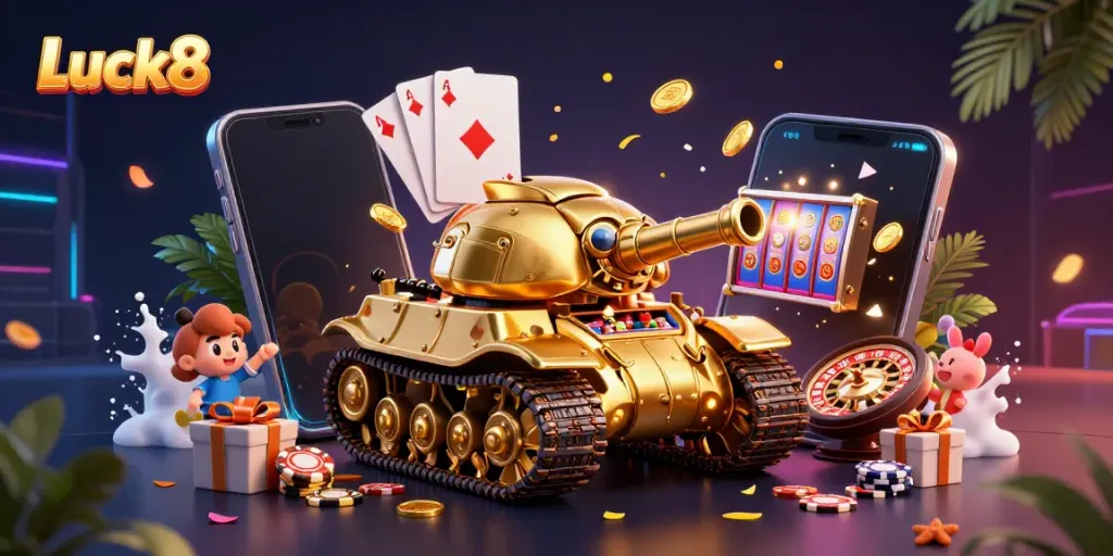 Experience epic casino fun with Luck8 in a dynamic 3D illustration featuring a golden beetle tank hosting a vibrant gambling scene.