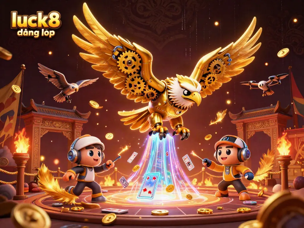 Engage with the thrilling experience of luck8 đăng nhập, featuring a cybernetic golden eagle diving through playing cards in a vibrant casino atmosphere.