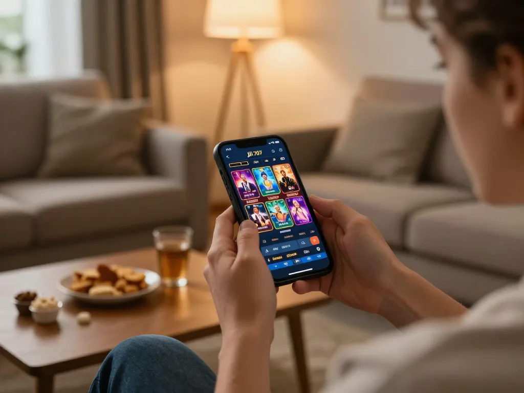 Engaging with the jili707 app in a cozy home setting while enjoying mobile gaming.