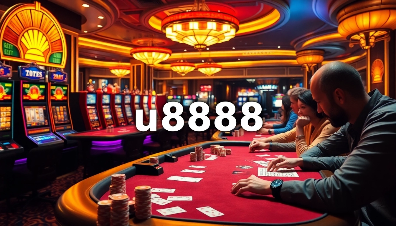 Experience the excitement of wagering on u8888 at a luxurious casino with vibrant slot machines and engaging players.