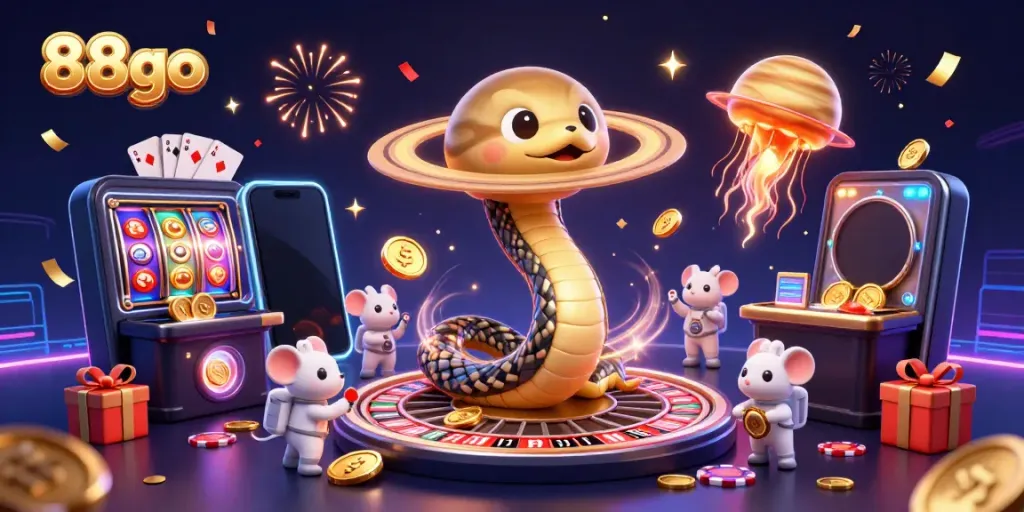 Engage in 88go's thrilling gaming universe with a vibrant cosmic casino scene.