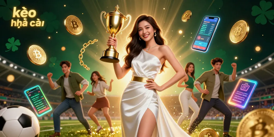 Bet on kèo nhà cái with a victorious Asian woman holding a trophy, surrounded by sports betting elements and cryptocurrencies.