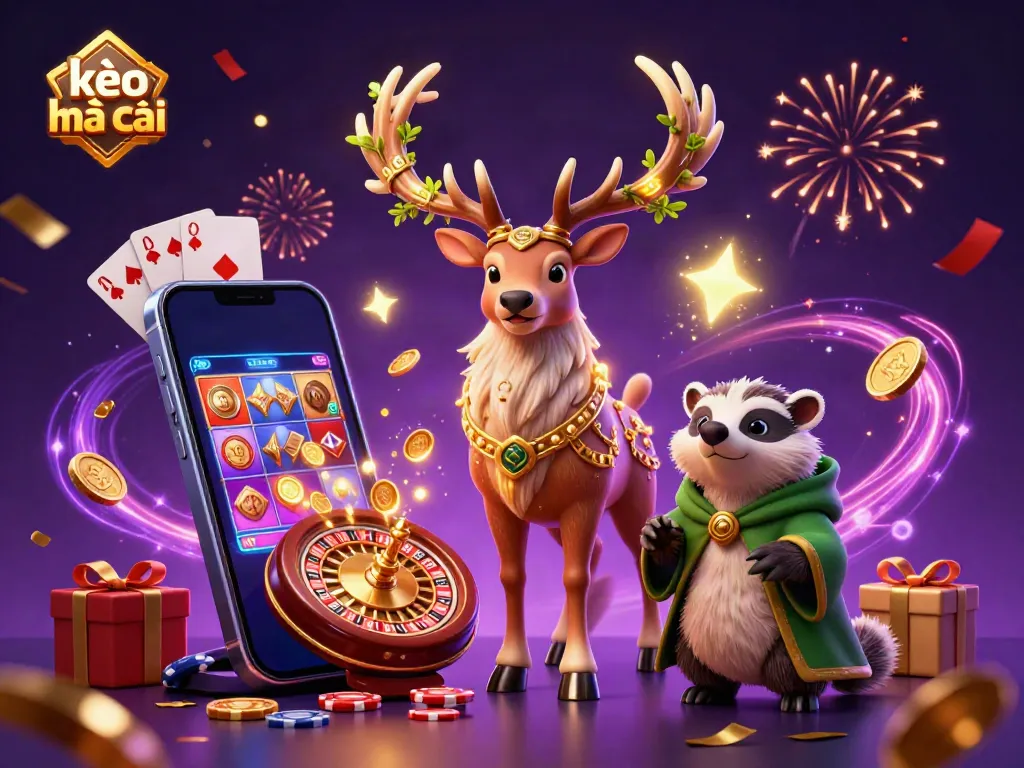 Experience the thrill of kèo nhà cái with a vibrant 3D scene showcasing dynamic slots, festive elements, and mystical characters.