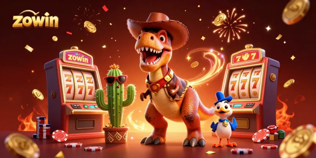 Zowin players enjoy thrilling slot games with a T-Rex dealer amidst dynamic casino elements.
