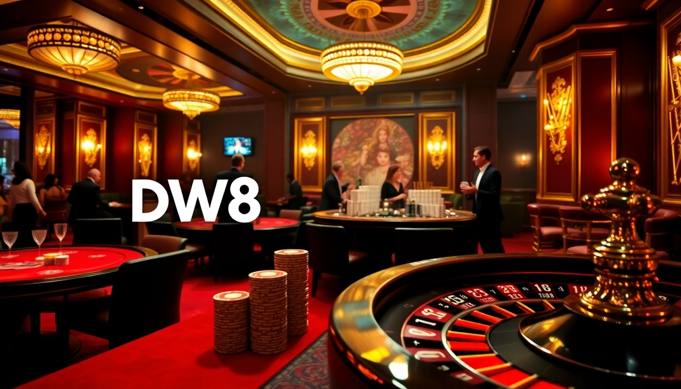Experience the excitement at DW8 casino with vibrant poker tables and roulette wheels.