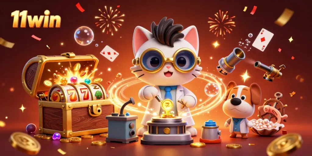 Join the excitement at 11win with a dynamic scene of mad scientist cat and loyal dog amidst exploding treasures.