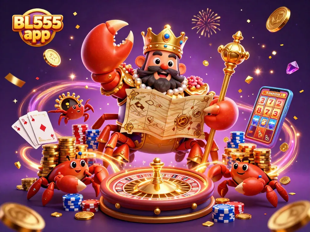 Experience the thrill of the BL555 app with a vibrant 3D casino scene featuring a golden crab emperor and dynamic gaming elements.