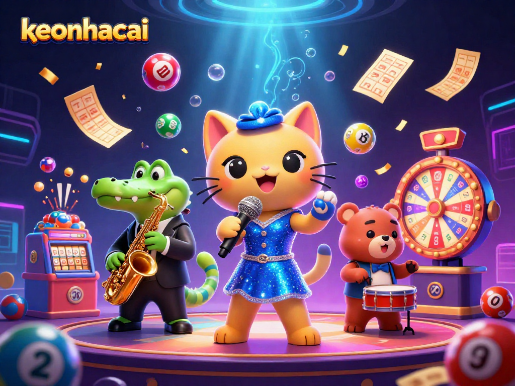 Engage in the excitement of keonhacai as vibrant lottery balls bounce around a lively casino scene.