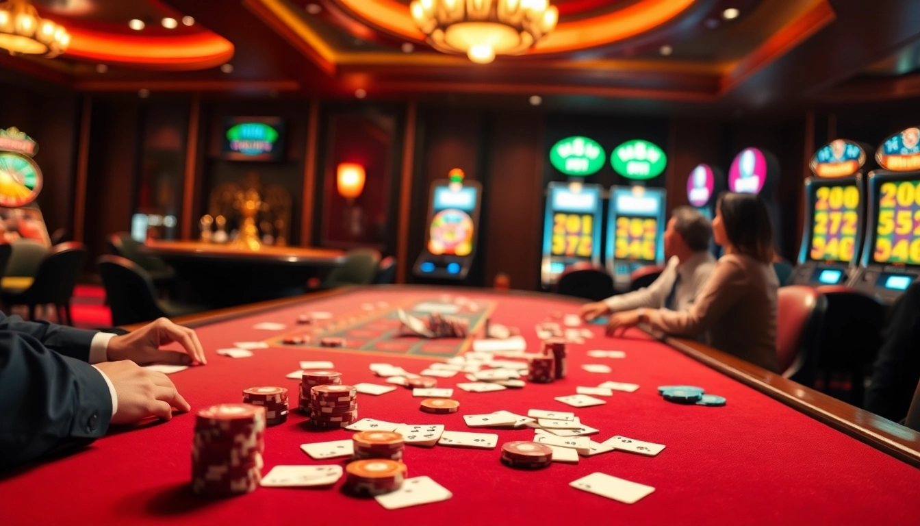 Jogadores engajados ao redor de uma mesa de pôquer em um cassino luxuoso, com fichas de pôquer 69T.