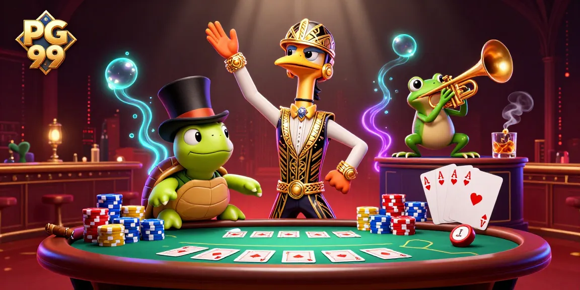 Experience thrilling gaming with PG 99's vibrant casino scene featuring poker and fun characters.