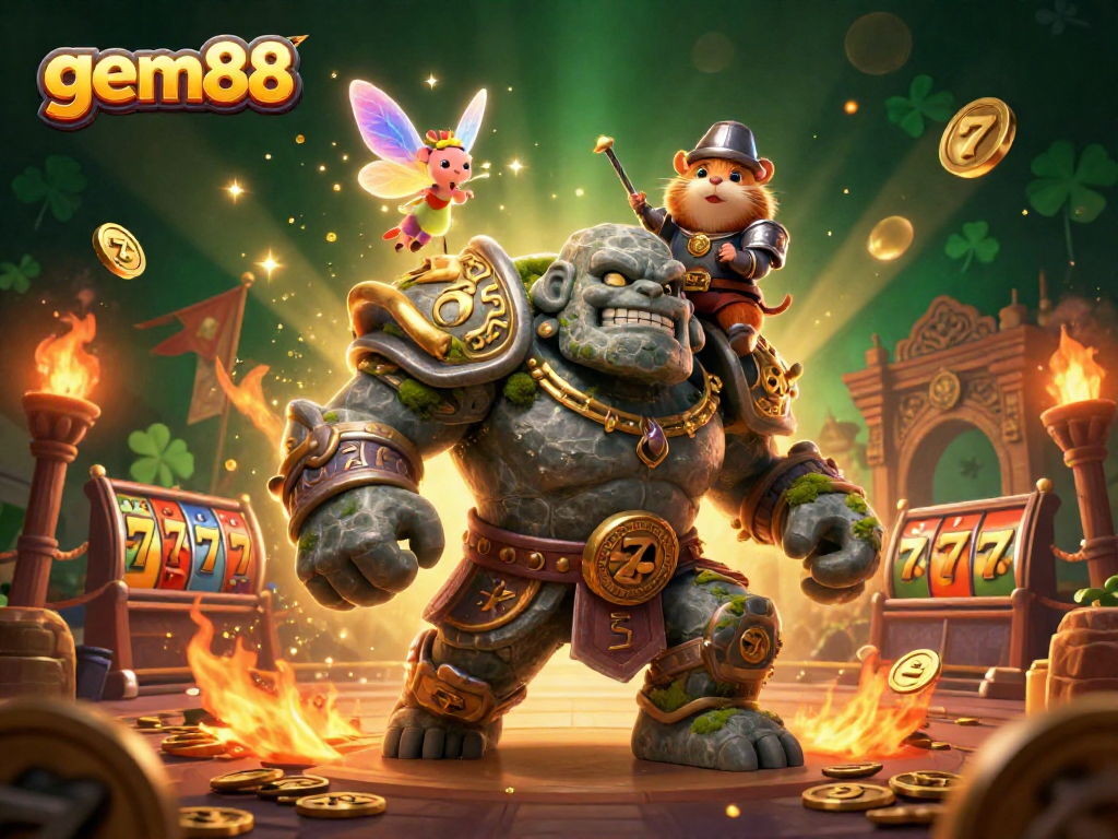 Engaging illustration of gem88 featuring a golem guardian and fairy creating casino magic.