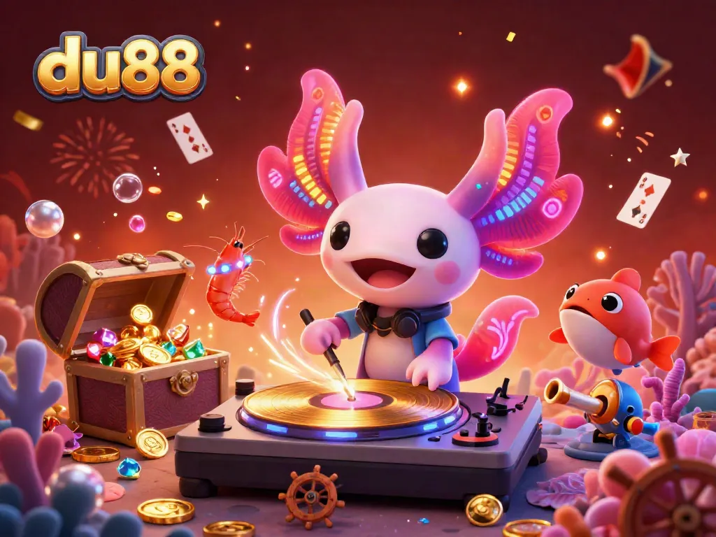 Experience the thrill of du88 with the axolotl DJ spinning records while underwater treasures burst around them.
