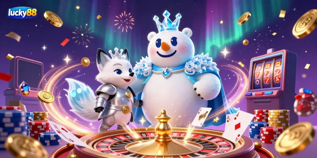 Experience the thrill of lucky88 with vibrant symbols, chips, and characters in an exciting casino scene.