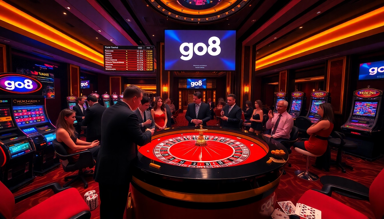 Players at a casino table strategizing their bets with go8-themed elements in a luxurious setting.