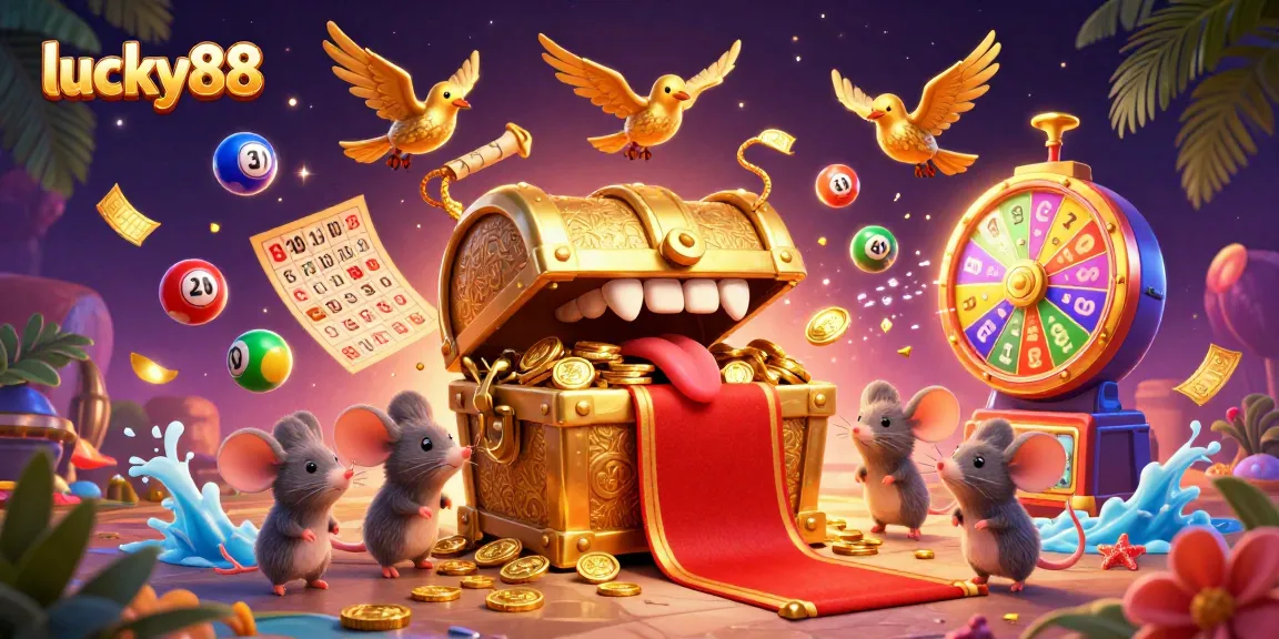 Engage with lucky88's vibrant scene filled with lottery elements and a treasure chest inviting players.