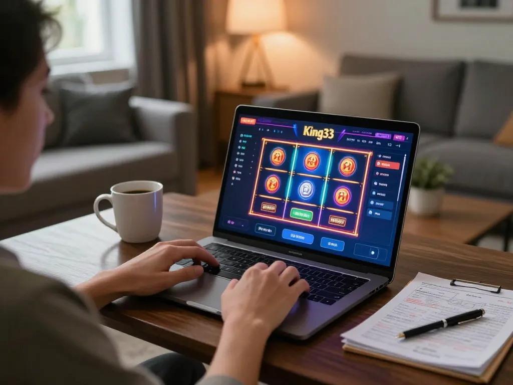 Engaging gameplay on King33 casino platform while enjoying a relaxing evening at home