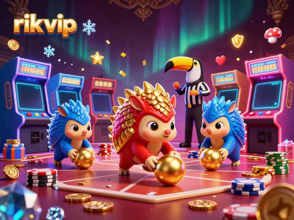 rik vip pangolins competing in a vibrant casino scene with gold coins and poker chips