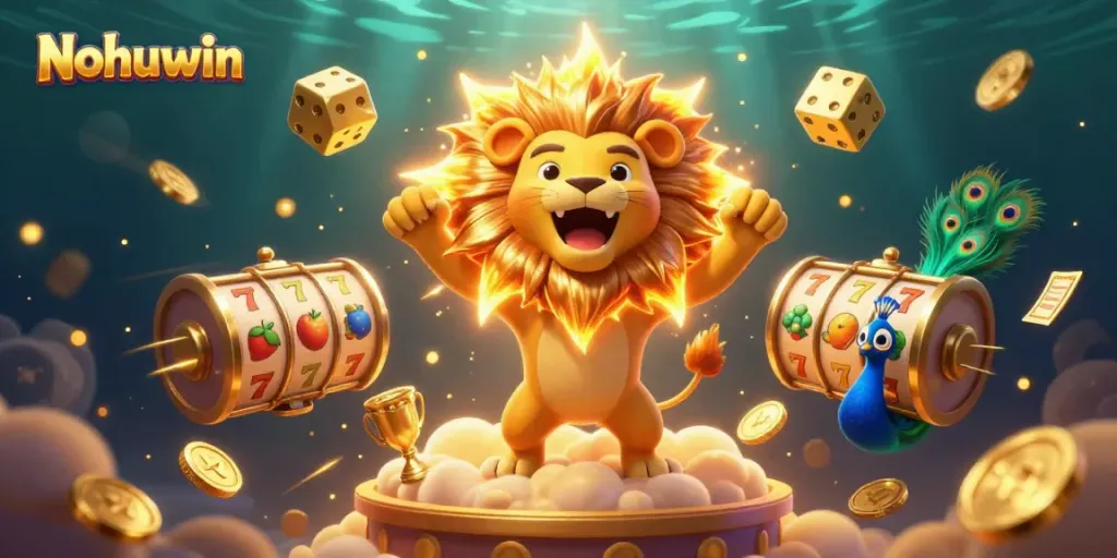Nohuwin showcases thrilling slot excitement with vibrant 3D elements and golden coins in a dazzling scene.