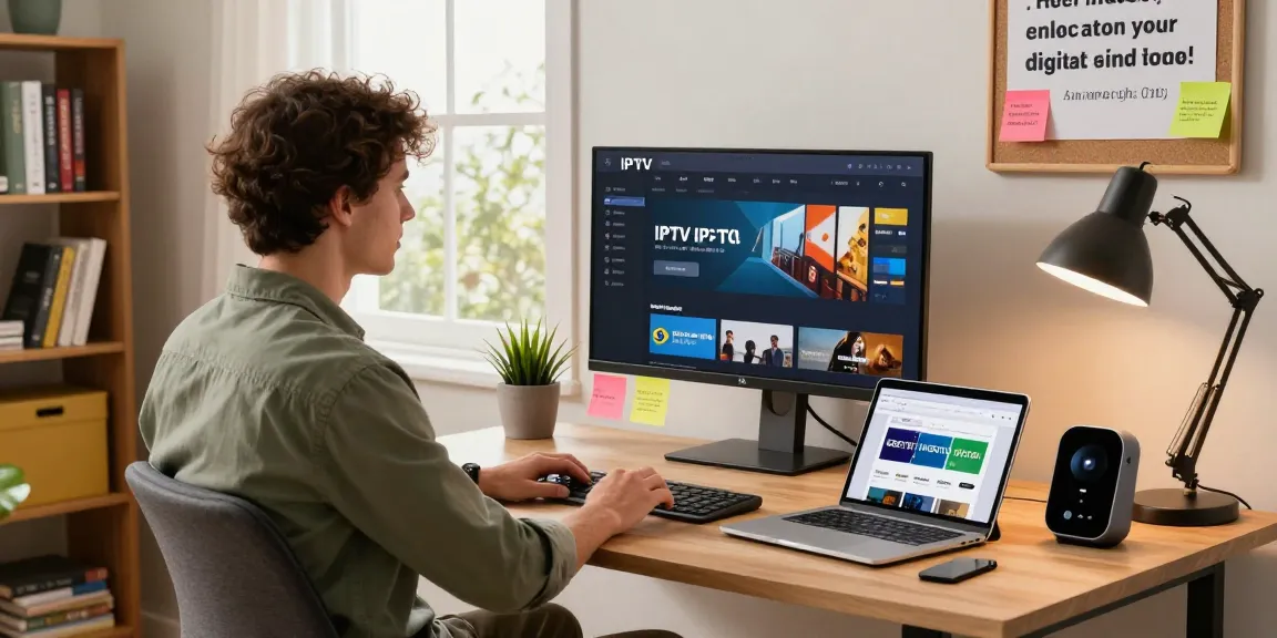 A pessoa usando o bestbraziliptv em um moderno escritório em casa, com tecnologia e luz natural.