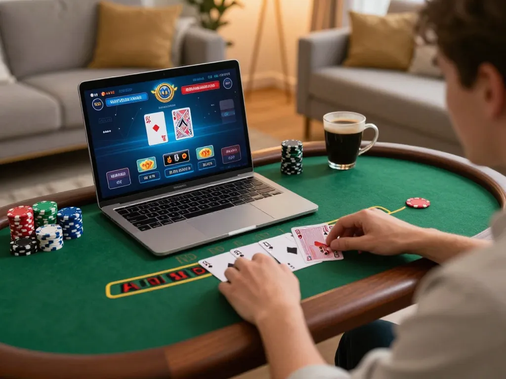 Player engaging in blackjack on x333 online casino laptop with chips and cards visible