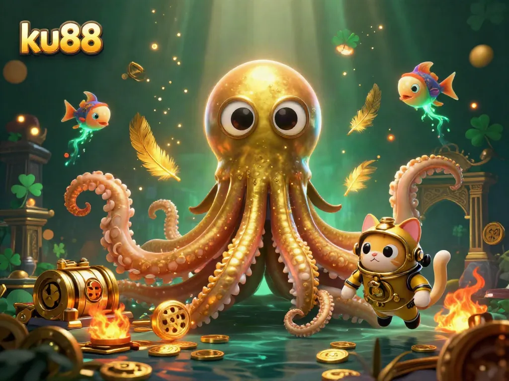 Engage with ku88's adventures as a kraken, diving cat, and luminescent fish create a vibrant casino scene.