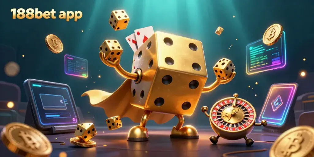 Engage with the vibrant 188bet app showcasing casino magic in a dynamic scene of golden dice and digital currency.