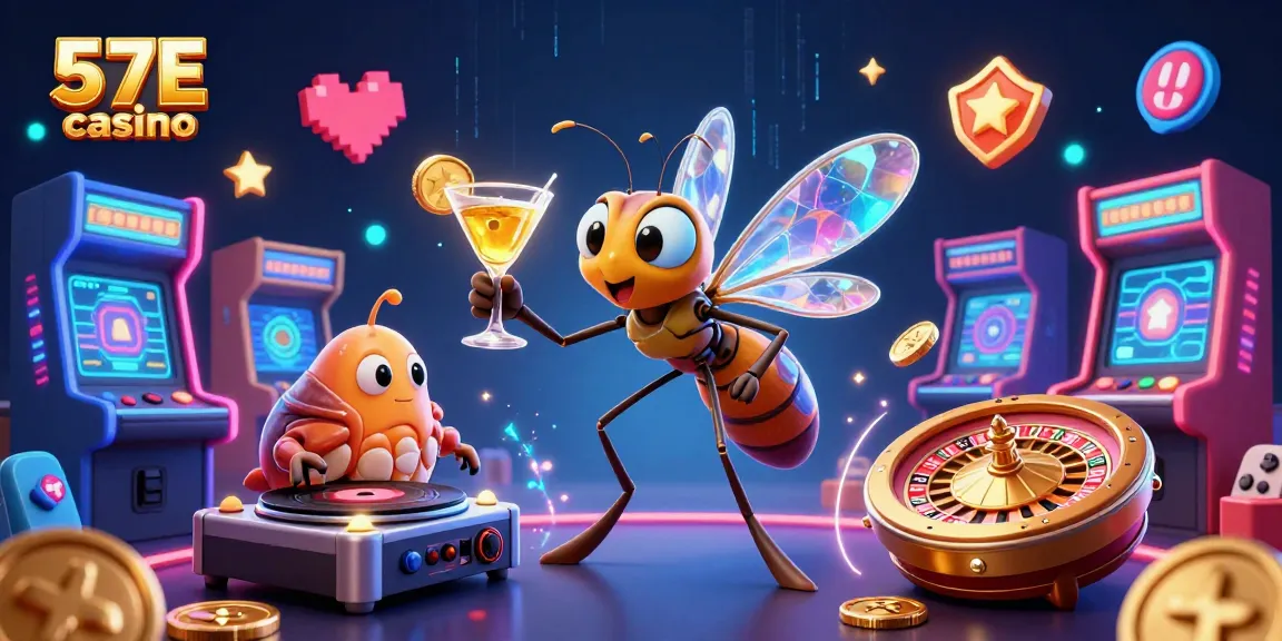 Engaging scene showcasing 57E casino with vibrant slot machines, thrilling roulette and friendly characters