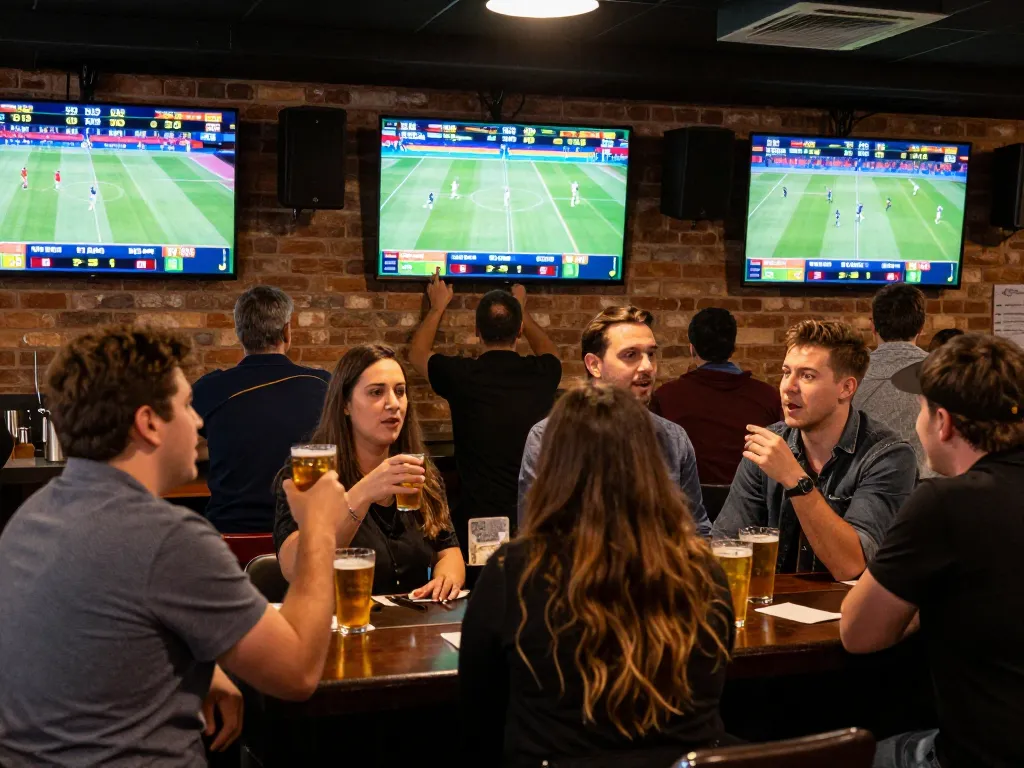 Engaged gamblers placing wagers on trang cá cược bóng đá in a lively sports bar setting, showcasing excitement and collaboration.