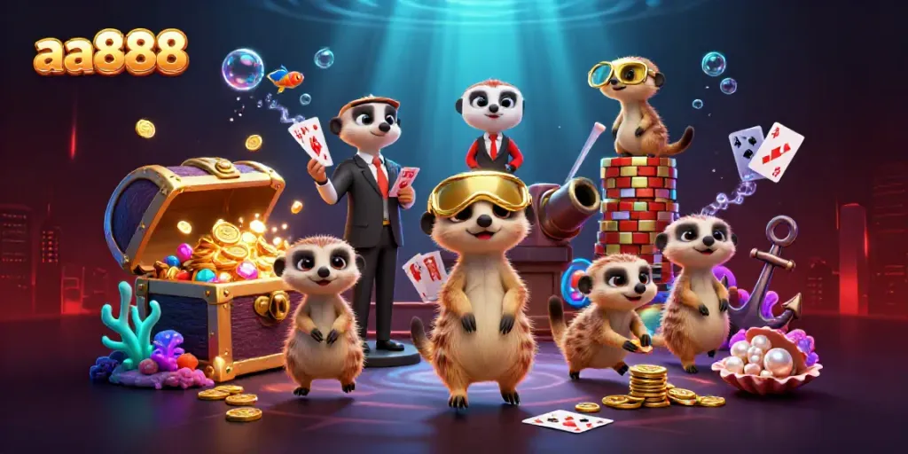 Experience the lively aa888 casino scene with meerkats, vibrant colors, and exciting game elements.