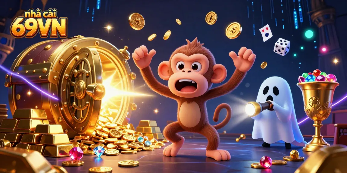 Experience the excitement of nhà cái 69VN with a playful poltergeist monkey and a ghost-hunter puppy in a dazzling casino.