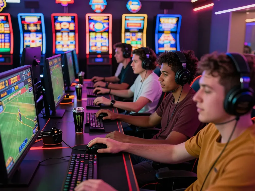 Engaged players experiencing TR88 online gambling with vibrant gaming interfaces and equipment.