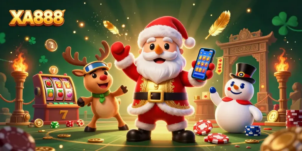 Spin the reels of XA888's vibrant casino scene filled with festive characters and golden jackpots.