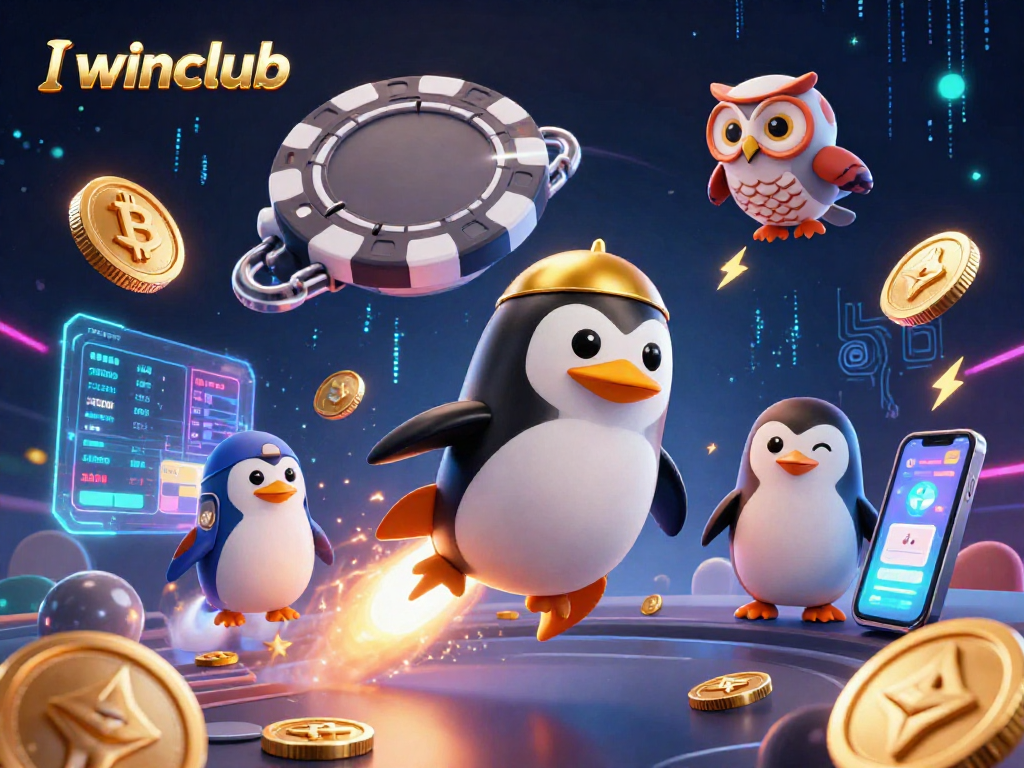 Iwinclub’s vibrant 3D illustration showcases a golden penguin and crypto coins soaring toward a casino space station.
