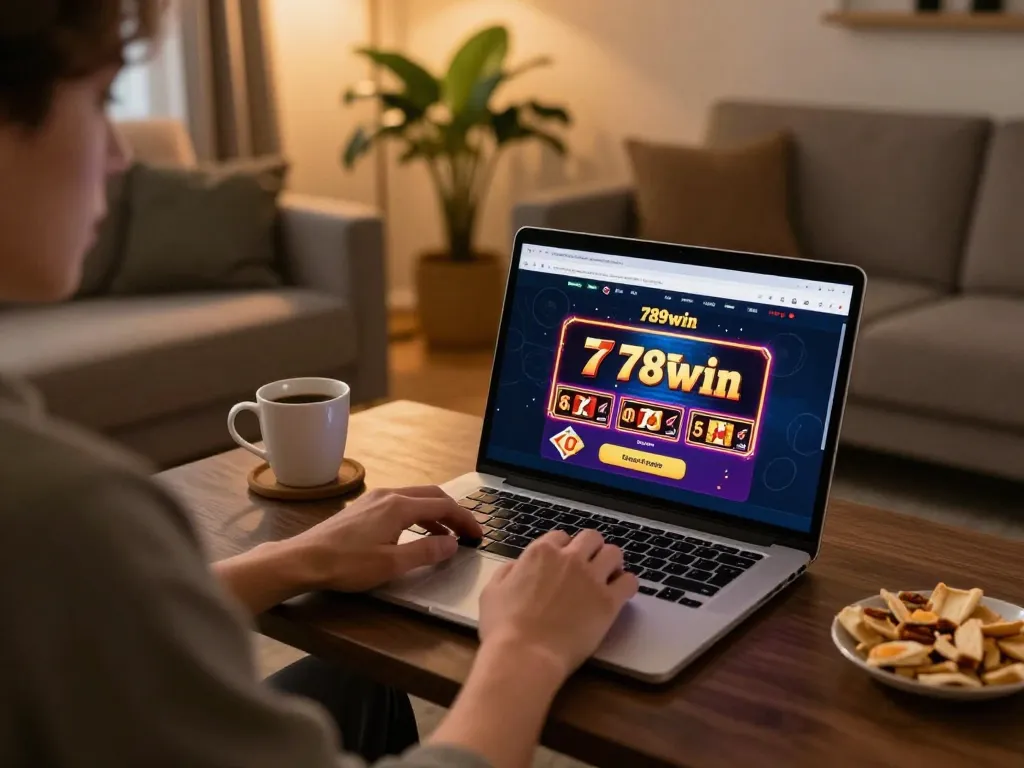 A person exploring the 789win link through an online casino setup, showcasing a cozy home gaming atmosphere.
