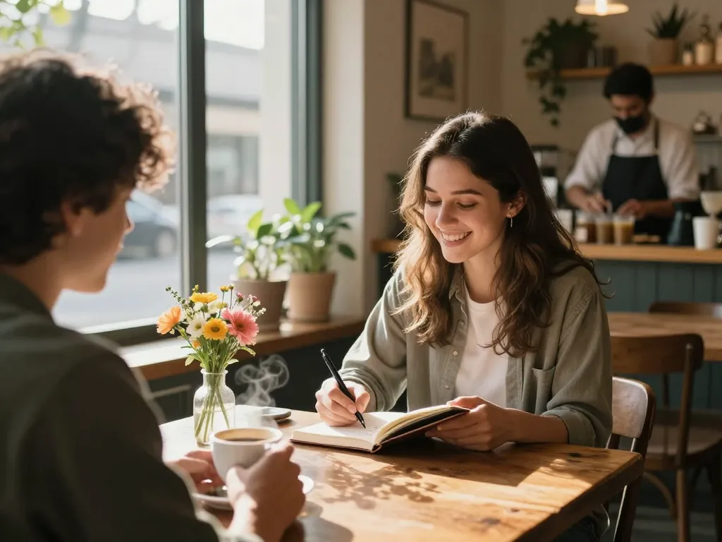 A young woman reflecting on her crush on someone while enjoying coffee in a cozy café.
