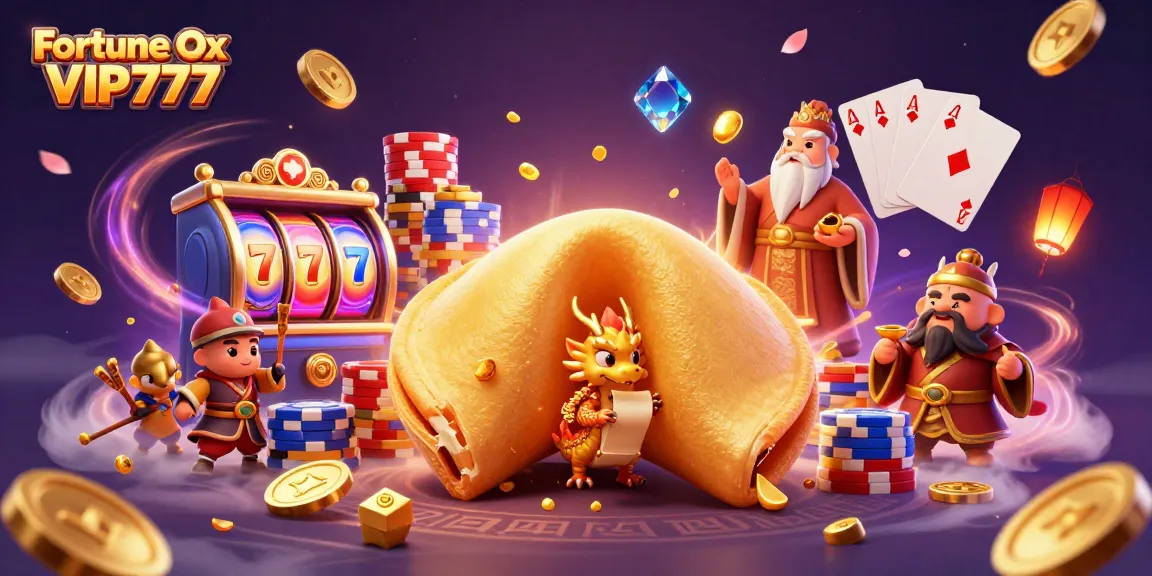 Spin and win with Fortune Ox VIP777, featuring a vibrant 3D cartoon scene full of exciting casino elements.