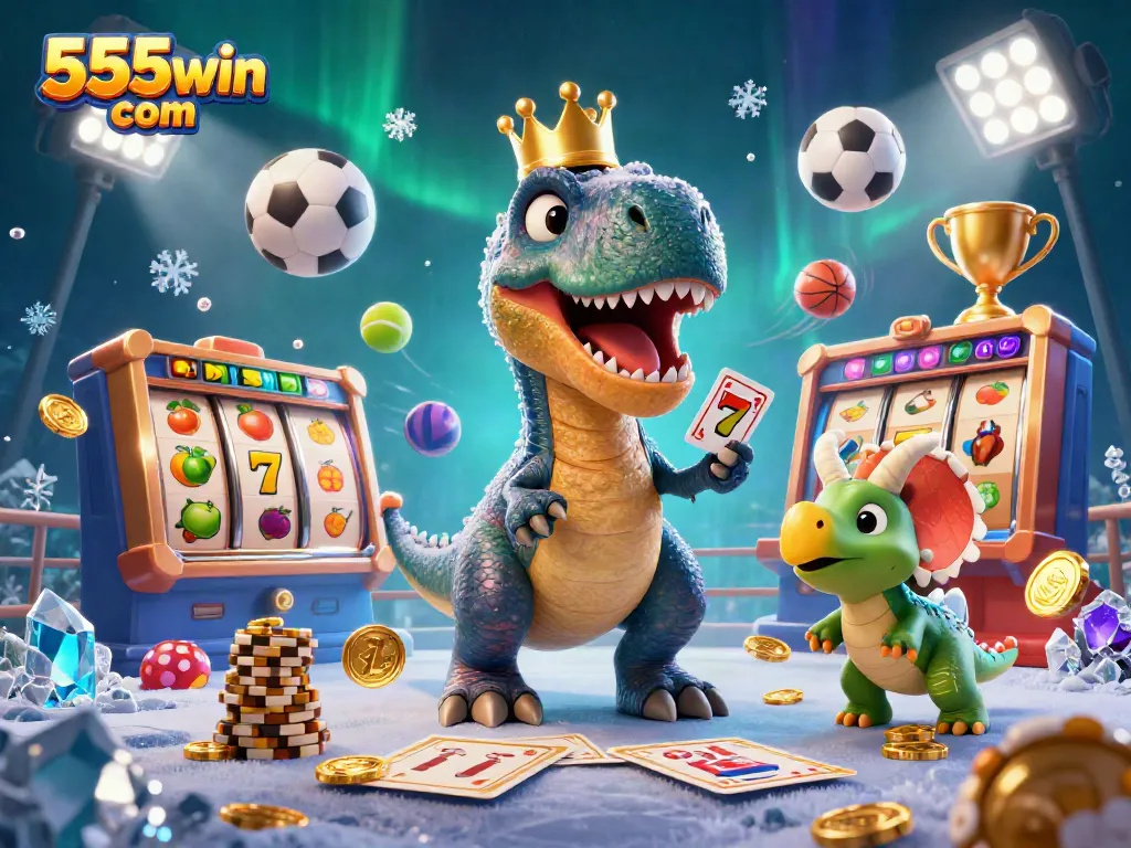 Experience the excitement of 555win com with cartoon characters celebrating slots and jackpots.