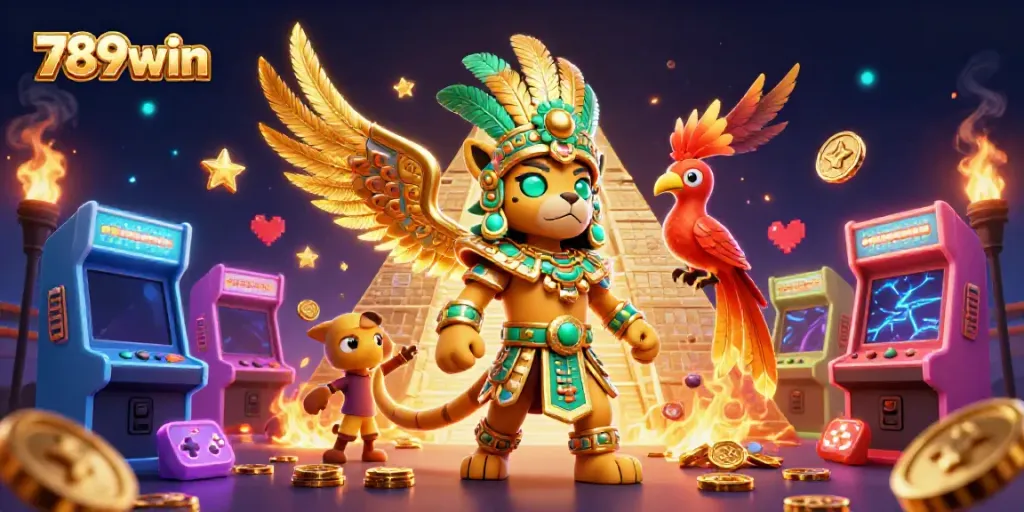Experience gaming adventure with 789win, featuring vibrant Mayan elements and gaming motifs.