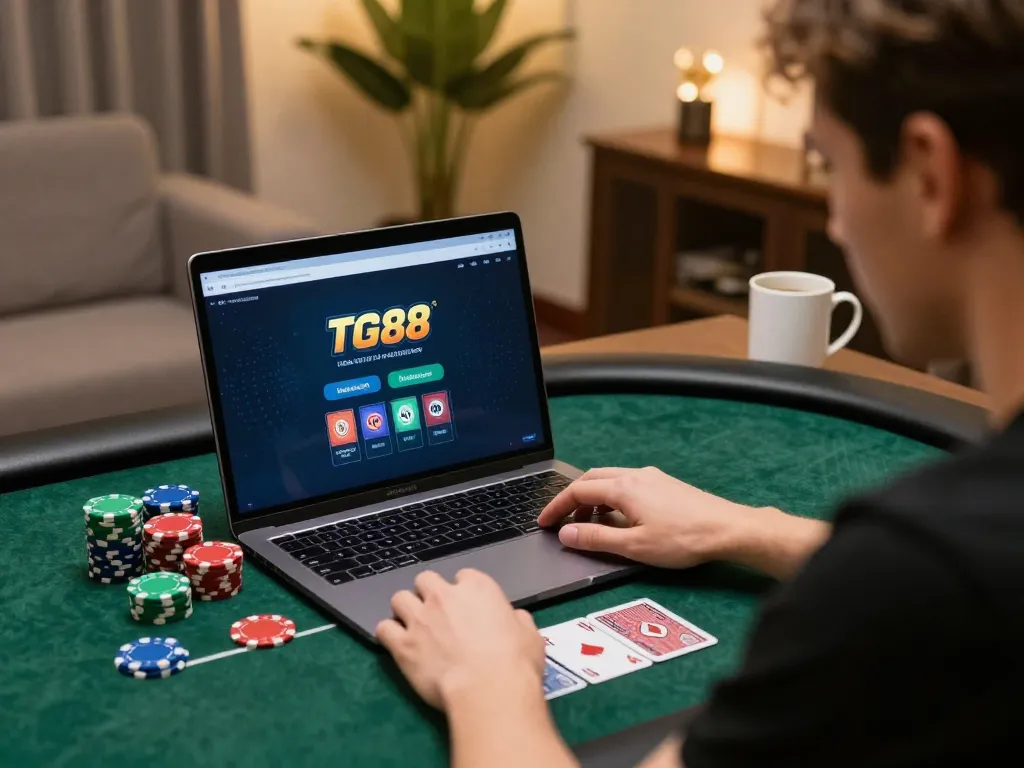TG88 player engaging in intense online poker strategy at a home desk