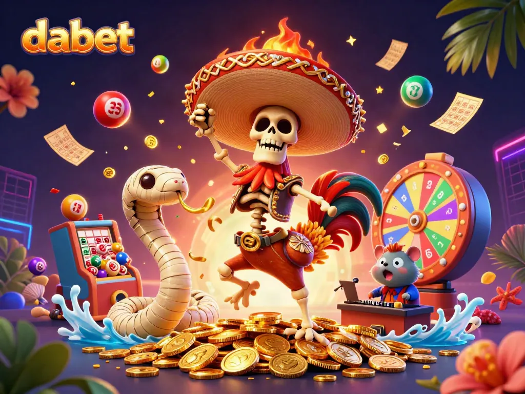 Dabet presents a lively 3D illustration featuring a festive mariachi rooster celebrating among golden coins.