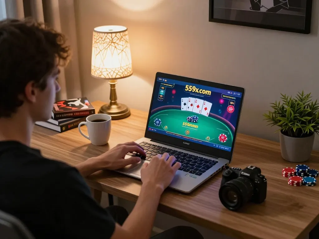 Engage in strategic poker gameplay on 559x.com with a cozy home office setup capturing focus and relaxation.