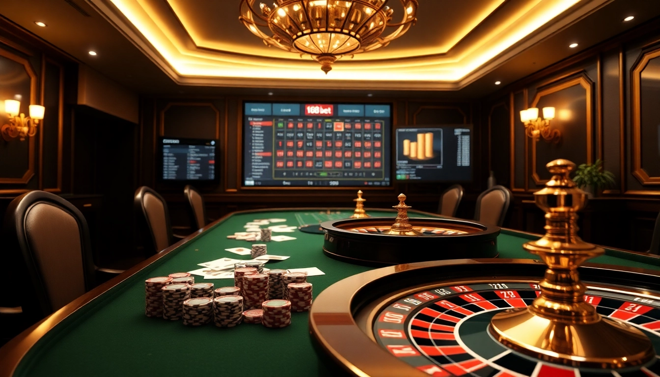 Experience the thrill of 188 bet with an elegant casino setup featuring poker chips and a roulette wheel.