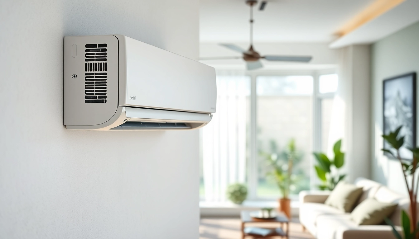 Install a mini split ac in a stylish living room, showcasing its modern features and comfort.
