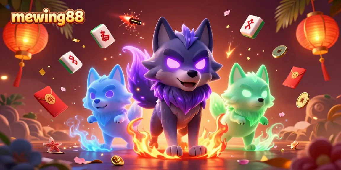 Engage in thrilling mahjong adventures at mewing88 with vibrant casino elements and animated spirit wolf characters.