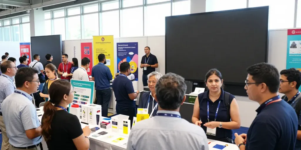 Expositores networking and engaging at a vibrant conference, showcasing community and collaboration.