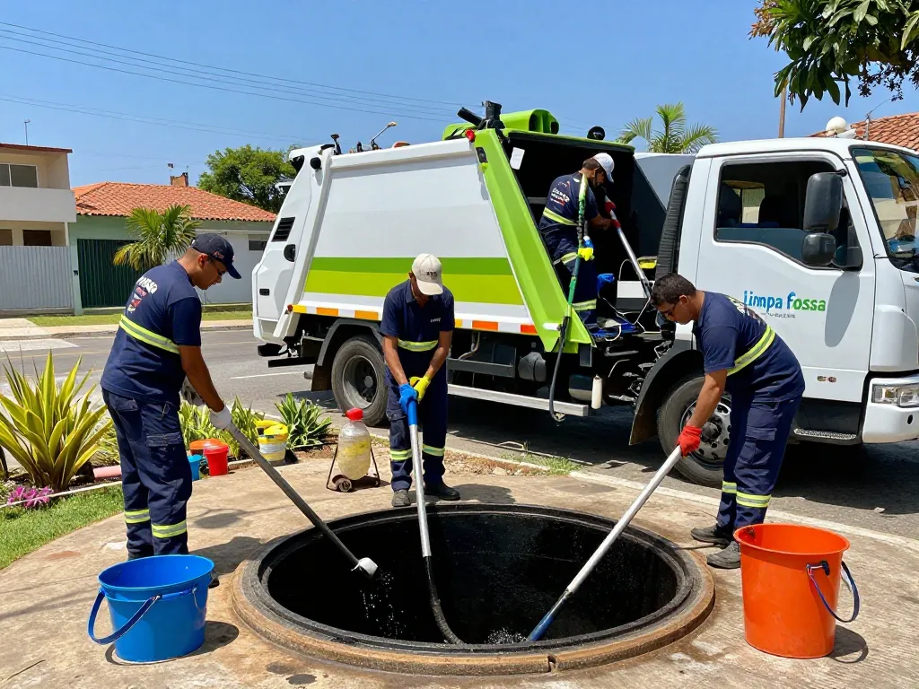 Limpa fossa em São Paulo team cleaning septic tank with modern equipment in a residential area.