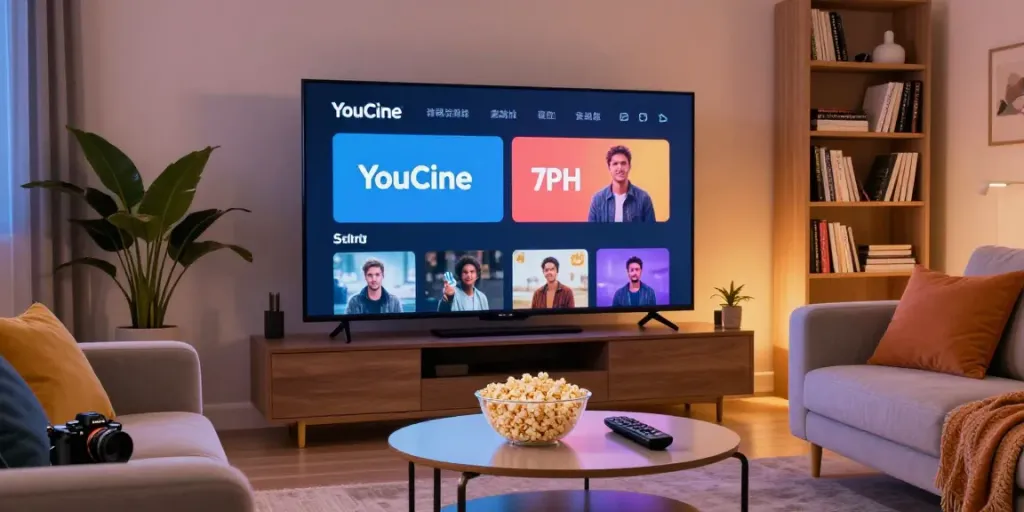 Experiência de assistir Youcine APK para TV em uma sala de estar moderna e aconchegante.