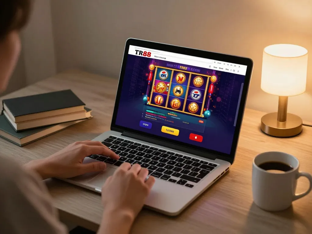 Player engages in online casino gaming at https://tr88.bio/ with laptop displaying vibrant slot games
